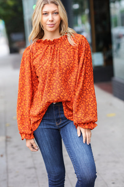 Explore More Collection - Thinking Of You Rust Ditzy Floral Frill Neck Top