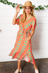 Explore More Collection - Orange Boho Print Surplice Sash Belt Midi Dress