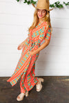 Explore More Collection - Orange Boho Print Surplice Sash Belt Midi Dress