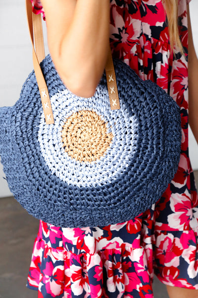 Explore More Collection - Blue Braided Raffia Circle Lined Tote Bag