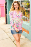 Explore More Collection - Fuchsia & Yellow Abstract Print V Neck Top