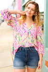 Explore More Collection - Fuchsia & Yellow Abstract Print V Neck Top