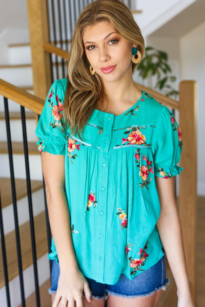 Explore More Collection - Remember Me Turquoise Floral Embroidery Button Down Top