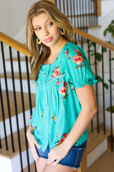 Explore More Collection - Remember Me Turquoise Floral Embroidery Button Down Top