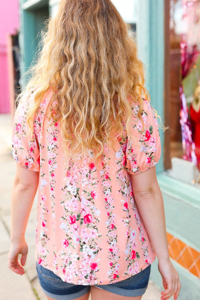 Explore More Collection - Peach Floral Front Keyhole Elastic Short Sleeve Top