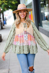 Explore More Collection - Olive & Mustard Boho Two Tone Tiered Babydoll Top