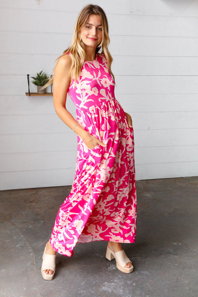 Explore More Collection - Pink Floral Print Fit and Flare Sleeveless Maxi Dress