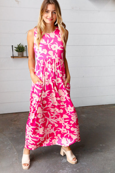 Explore More Collection - Pink Floral Print Fit and Flare Sleeveless Maxi Dress