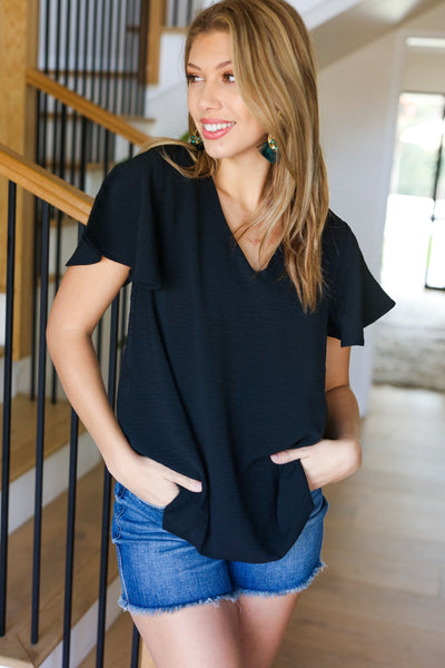 Explore More Collection - Black Flutter Sleeve V Neck Top