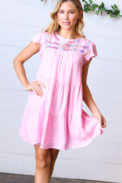 Explore More Collection - Baby Pink Embroidered Tiered Lined Dress
