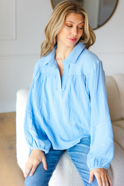 Explore More Collection - All Of Me Blue Collared Notched Neckline Cotton Top