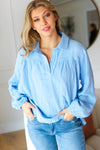 Explore More Collection - All Of Me Blue Collared Notched Neckline Cotton Top