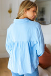 Explore More Collection - All Of Me Blue Collared Notched Neckline Cotton Top