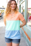 Explore More Collection - Peach/Mint Button Pointelle Rib Color Block Top