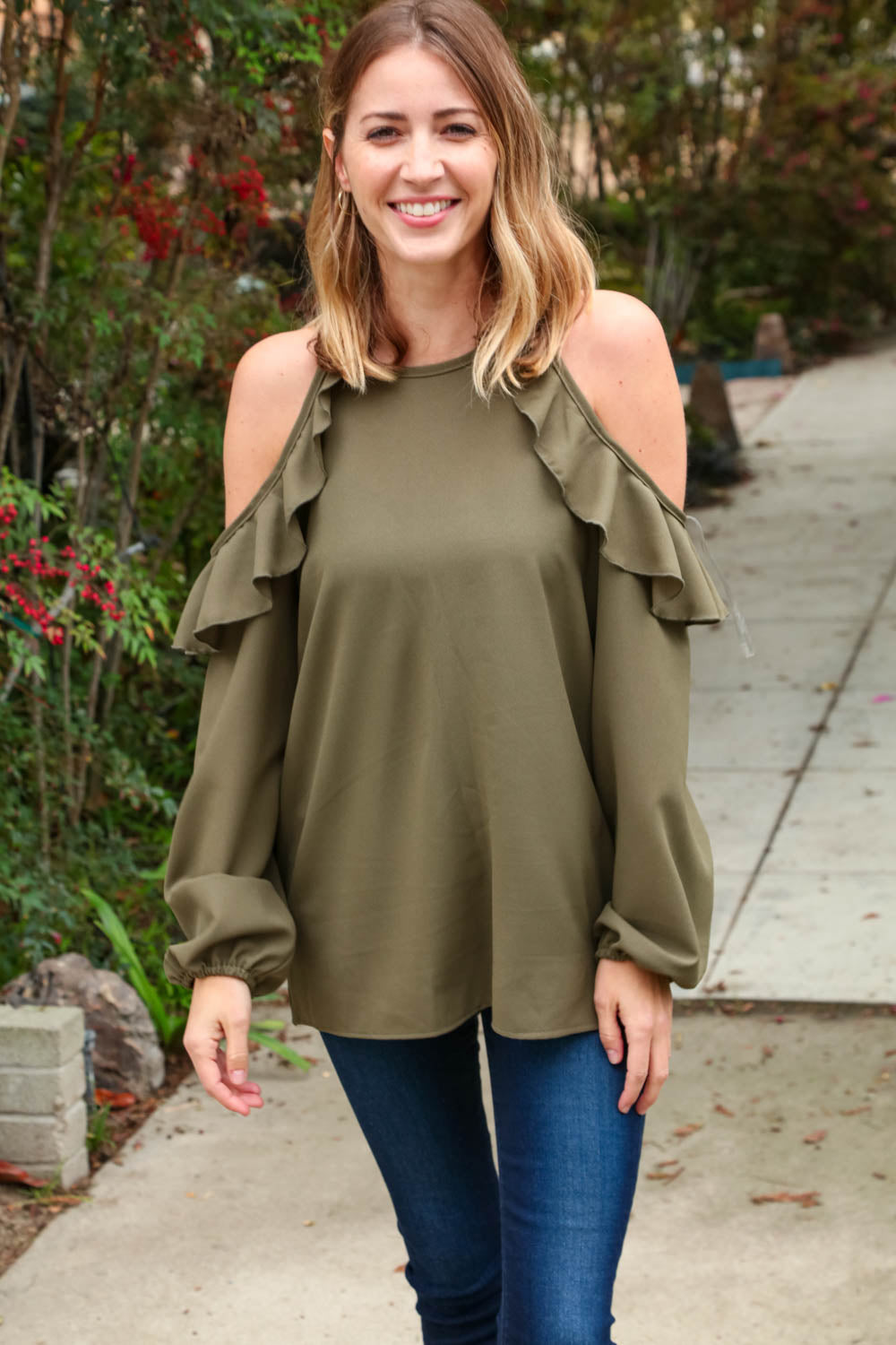 Explore More Collection - Hunter Green Halter Cold Shoulder Ruffle Woven Top