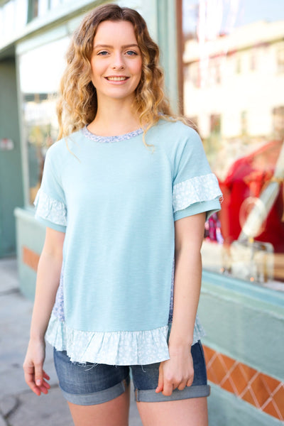 Explore More Collection - Seafoam Floral & Leopard Print Ruffle Hem Top