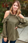 Explore More Collection - Hunter Green Halter Cold Shoulder Ruffle Woven Top