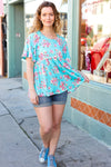 Explore More Collection - Sky Blue Three-Quarter Sleeve Floral Peplum Babydoll Top