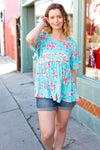 Explore More Collection - Sky Blue Three-Quarter Sleeve Floral Peplum Babydoll Top