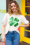 Explore More Collection - Saint Patty Sequin Clover French Terry Puff Sleeve Top