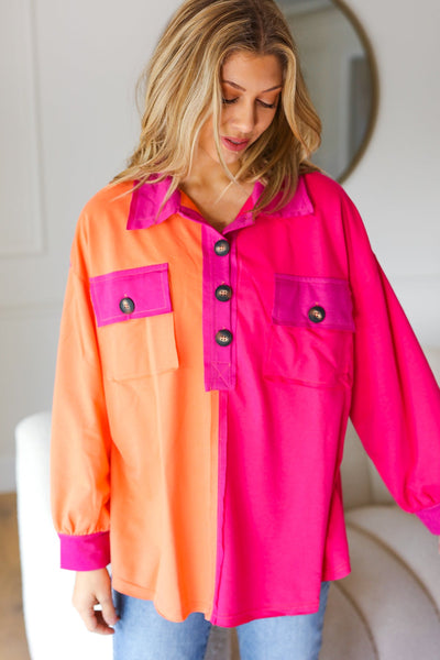 Explore More Collection - Feeling Bold Orange & Fuchsia Color Block Button Down Top