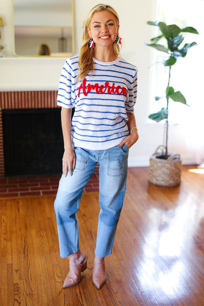 Explore More Collection - America Proud Blue Striped Embroidered Puff Sleeve Top