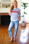 Explore More Collection - America Proud Blue Striped Embroidered Puff Sleeve Top