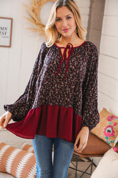 Explore More Collection - Wine Ditzy Floral Front Tie Ruffle Hem Top