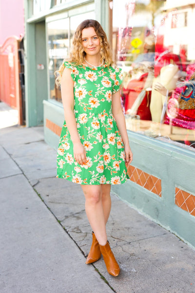 Explore More Collection - Bright Thoughts Green Floral Frill Mock Neck Ruffle Dress