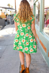 Explore More Collection - Bright Thoughts Green Floral Frill Mock Neck Ruffle Dress