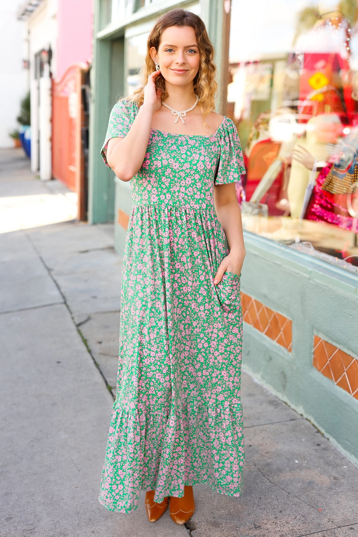 Explore More Collection - Perfectly You Green Ditzy Floral Fit & Flare Maxi Dress