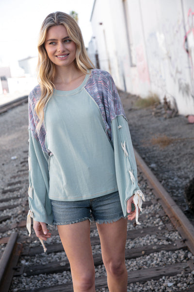 Explore More Collection - Mint Lace Up Long Sleeve French Terry Oversized Pullover