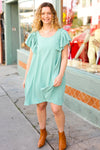 Explore More Collection - Out For The Day Sage Crinkle Woven Ruffle Sleeve Dress