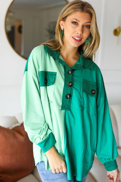 Explore More Collection - On The Way Up Mint Color Block Button Down Pullover