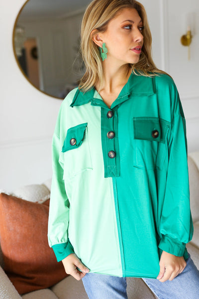 Explore More Collection - On The Way Up Mint Color Block Button Down Pullover