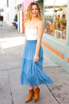 Explore More Collection - Look of Love Denim Blue Smocked Waist Tiered Chiffon Skirt