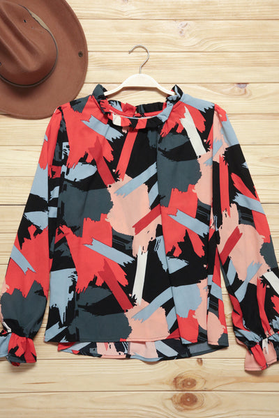Explore More Collection - Black & Red Abstract Print Frill NeckTop