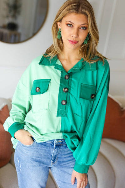 Explore More Collection - On The Way Up Mint Color Block Button Down Pullover