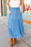 Explore More Collection - Look of Love Denim Blue Smocked Waist Tiered Chiffon Skirt