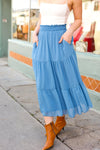 Explore More Collection - Look of Love Denim Blue Smocked Waist Tiered Chiffon Skirt