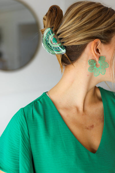 Explore More Collection - Green Vintage Metal Flower Power Earrings