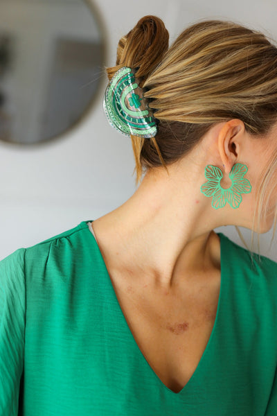 Explore More Collection - Green Vintage Metal Flower Power Earrings