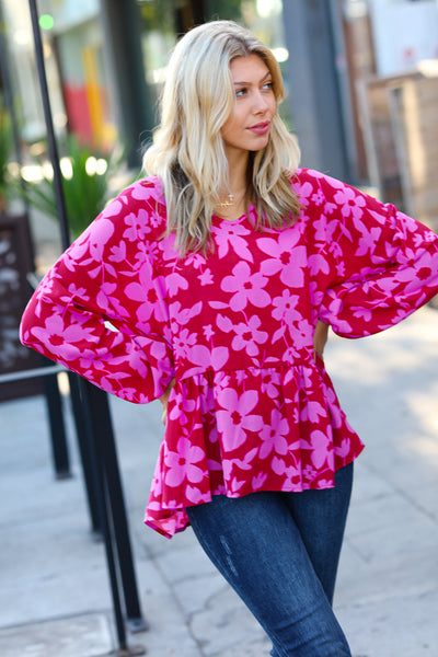 Explore More Collection - Red & Magenta Floral V Neck Woven Babydoll Top