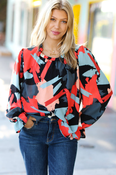 Explore More Collection - Black & Red Abstract Print Frill NeckTop