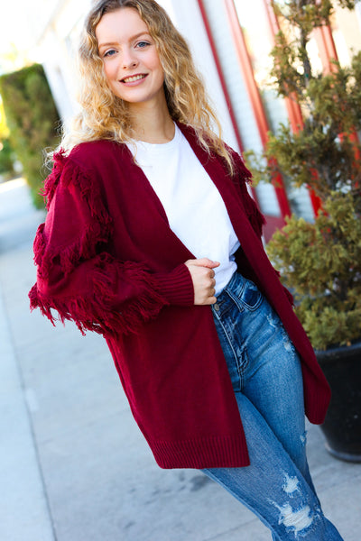 Explore More Collection - Make Your Day Burgundy Fringe Detail Open Cardigan