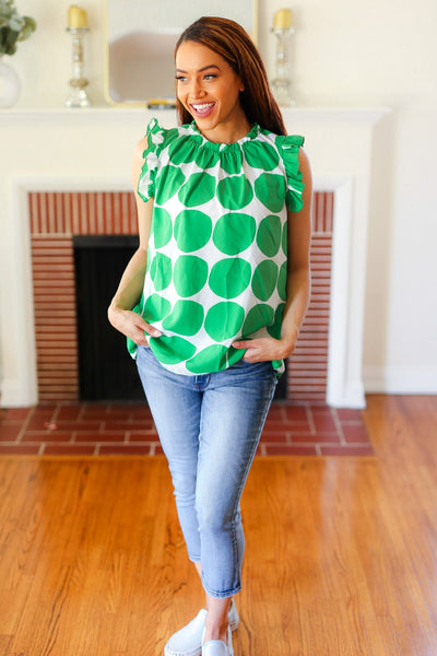 Explore More Collection - Green Polka-Dot Mock Neck Ruffle Sleeve Top