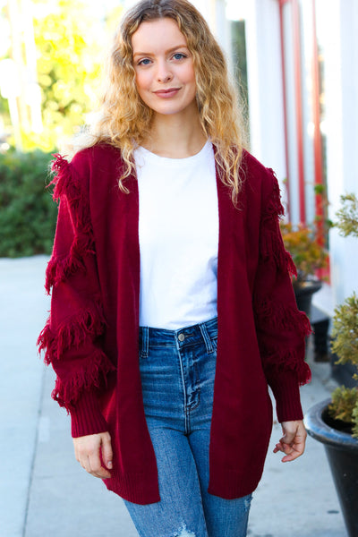 Explore More Collection - Make Your Day Burgundy Fringe Detail Open Cardigan