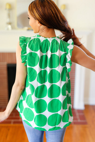 Explore More Collection - Green Polka-Dot Mock Neck Ruffle Sleeve Top