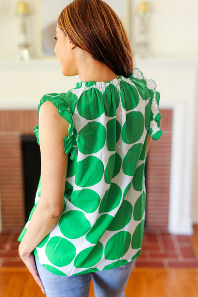 Explore More Collection - Green Polka-Dot Mock Neck Ruffle Sleeve Top