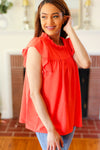 Explore More Collection - Red-Orange Mock Neck Flutter Sleeve Top